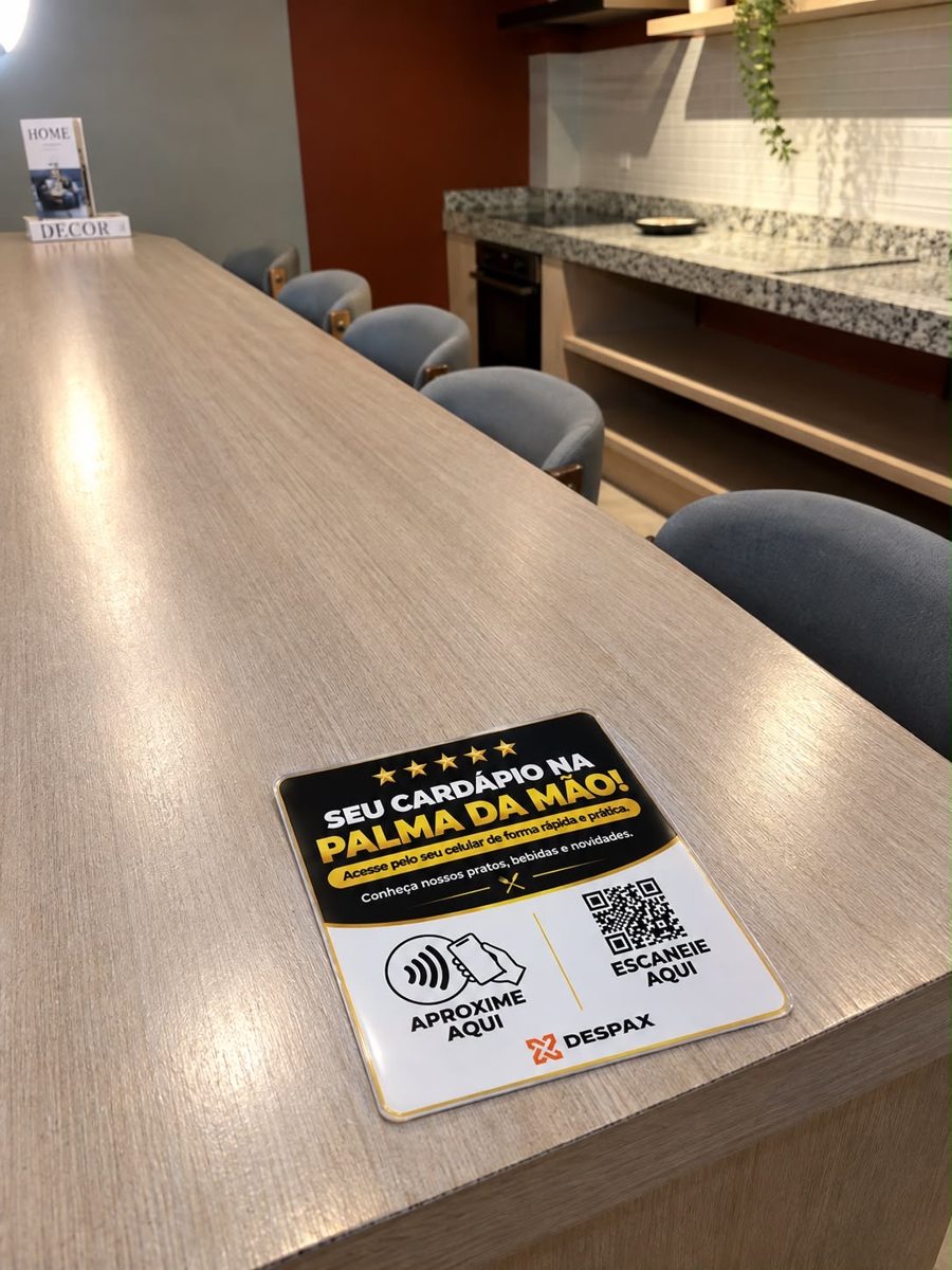 Placa DESPAX MENU de cardápio digital no balcão de uma cozinha